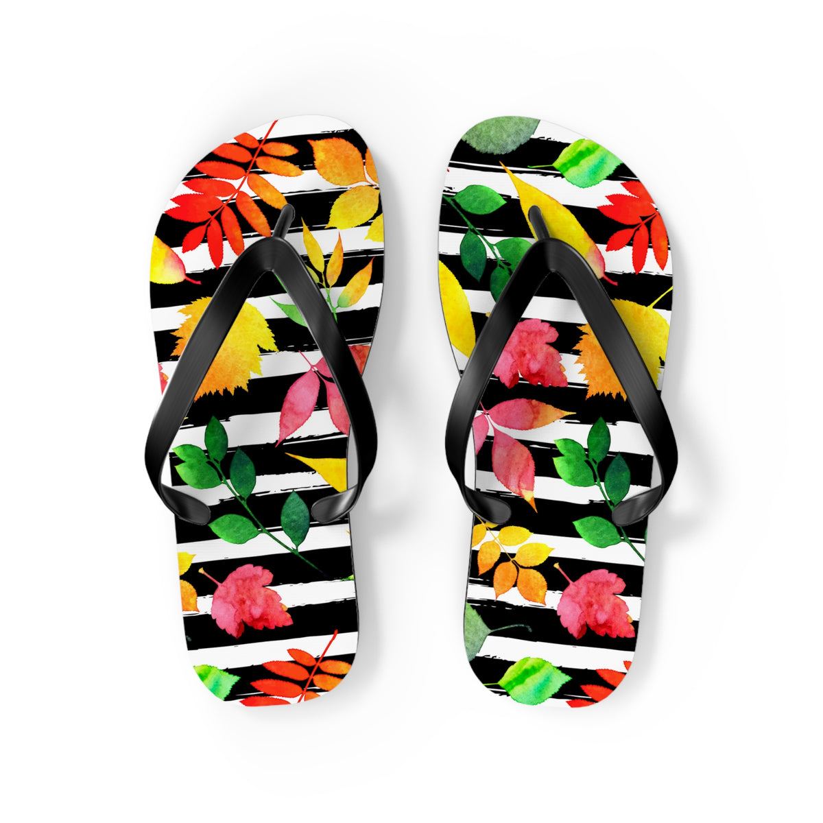 Autumn Leaves on Black Stripes Flip Flops — Fall Sandals