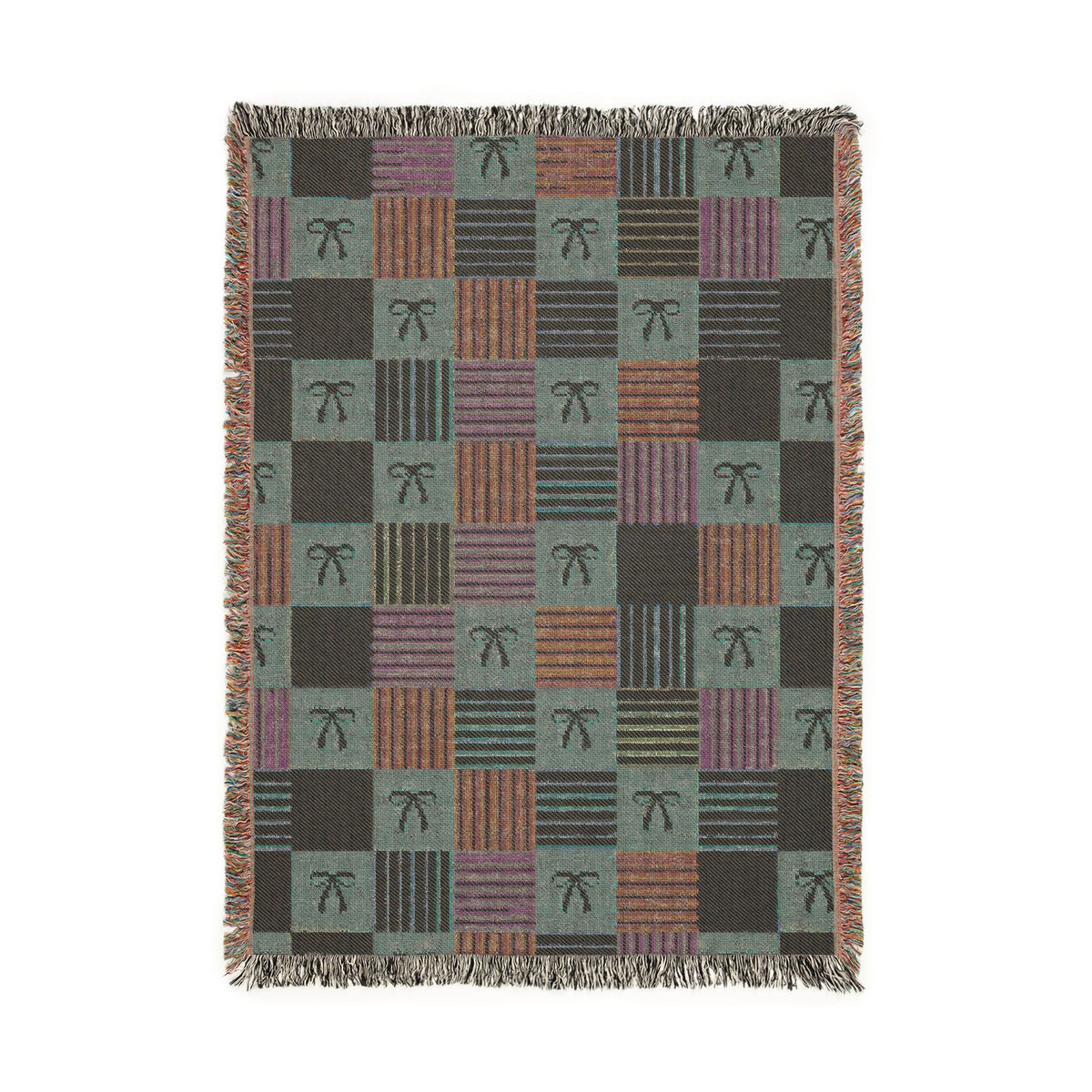 Cozy Patchwork & Pink Bows Woven Throw Blanket