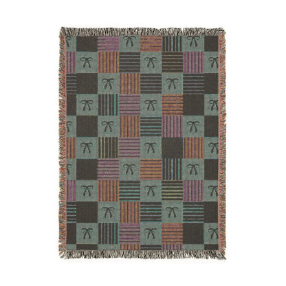 Cozy Patchwork & Pink Bows Woven Throw Blanket
