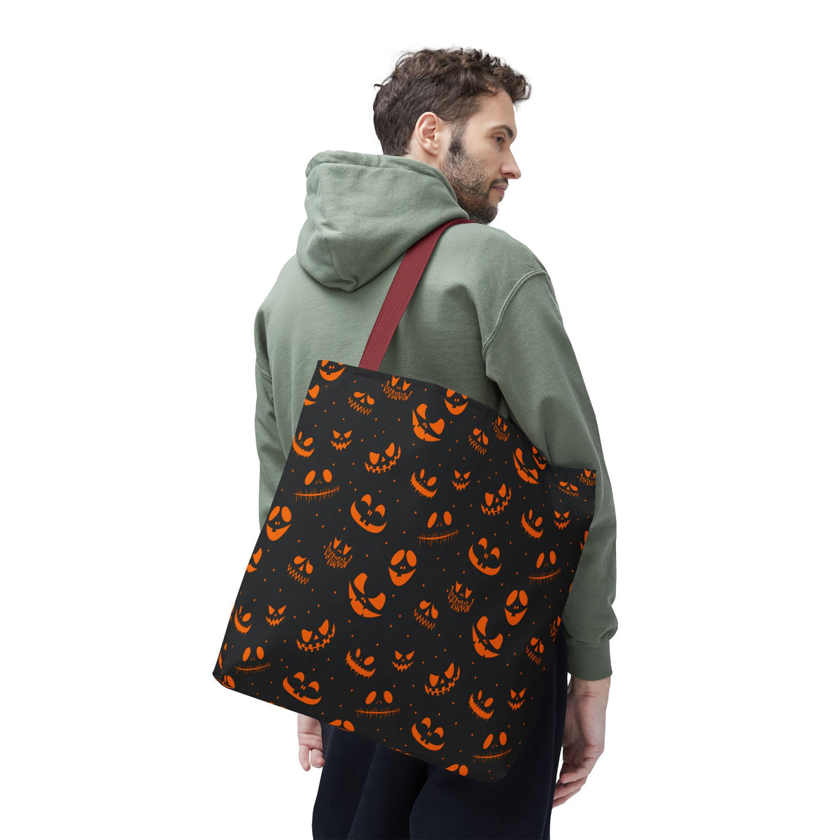 Spooky Jack-O'-Lantern Faces Pattern Tote Bag | Neon Orange & Black Halloween Shopper