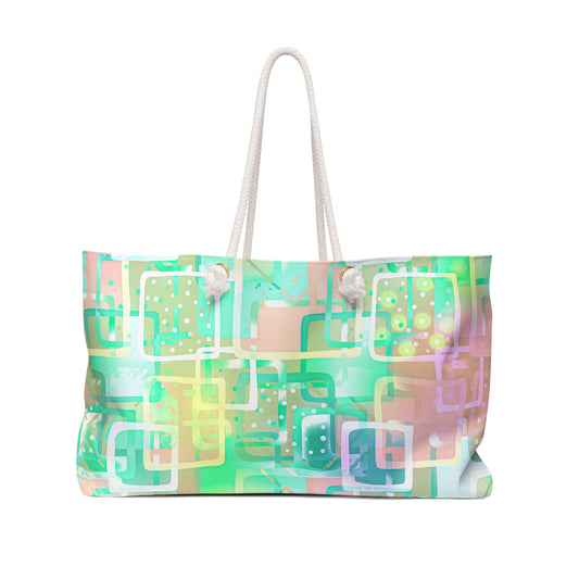 Mint & Peach Retro Geometric Square Abstract Weekender Bag — Oversized Beach & Travel Tote