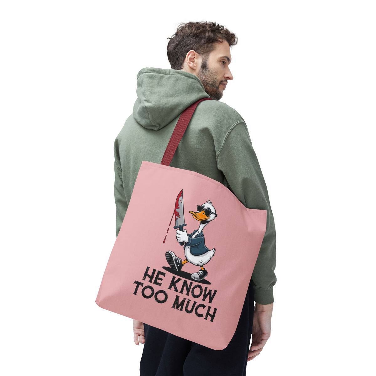 "He Know Too Much" Chaos Duck With Knife Funny Polyester Tote Bag