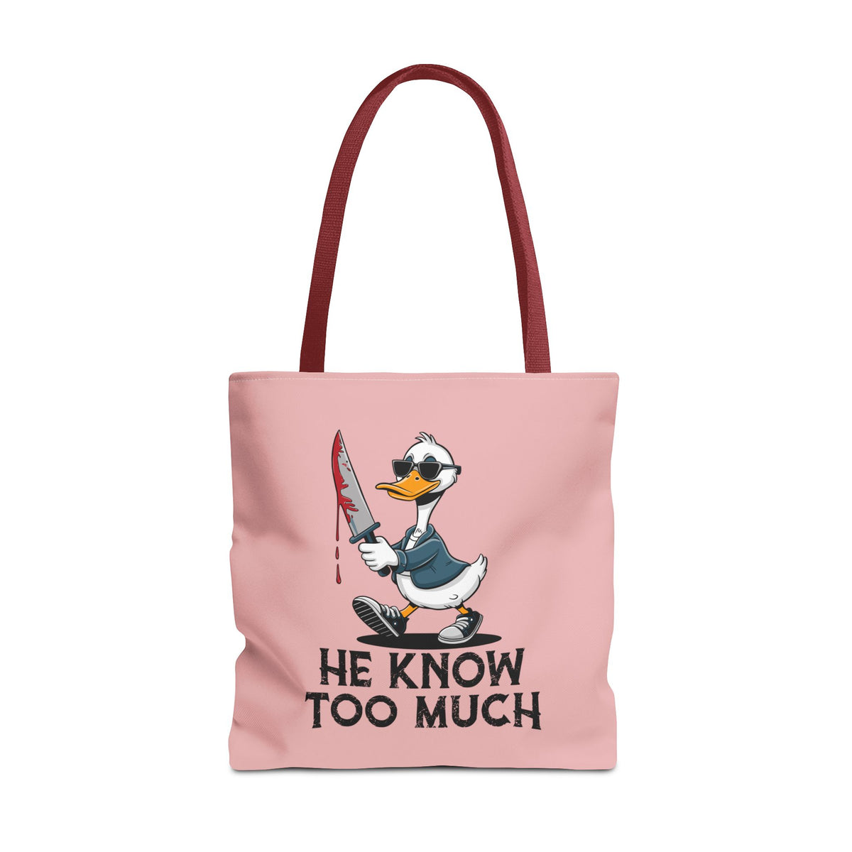 "He Know Too Much" Chaos Duck With Knife Funny Polyester Tote Bag