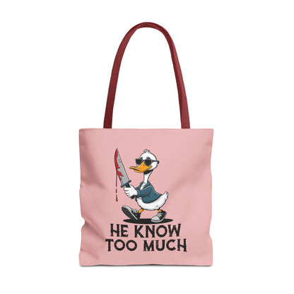 "He Know Too Much" Chaos Duck With Knife Funny Polyester Tote Bag