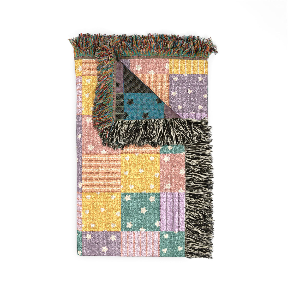 Colorful Patchwork Hearts & Stars Woven Throw Blanket