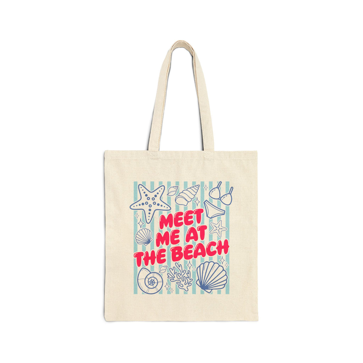 Meet Me At The Beach Coastal Seashells & Stripes Cotton Canvas Tote Bag