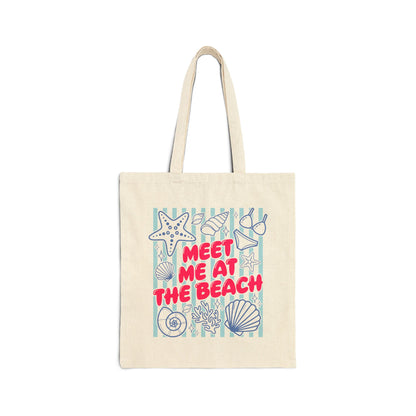 Meet Me At The Beach Coastal Seashells & Stripes Cotton Canvas Tote Bag