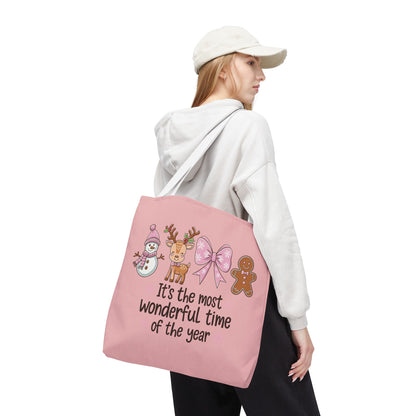 "It's The Most Wonderful Time Of The Year" Pink Holiday Icons Polyester Tote Bag