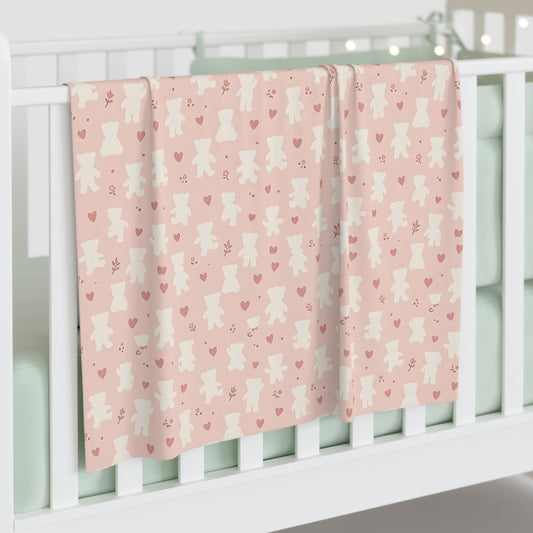 Pink Teddy Bear Baby Swaddle Blanket – Soft Newborn Wrap with Hearts