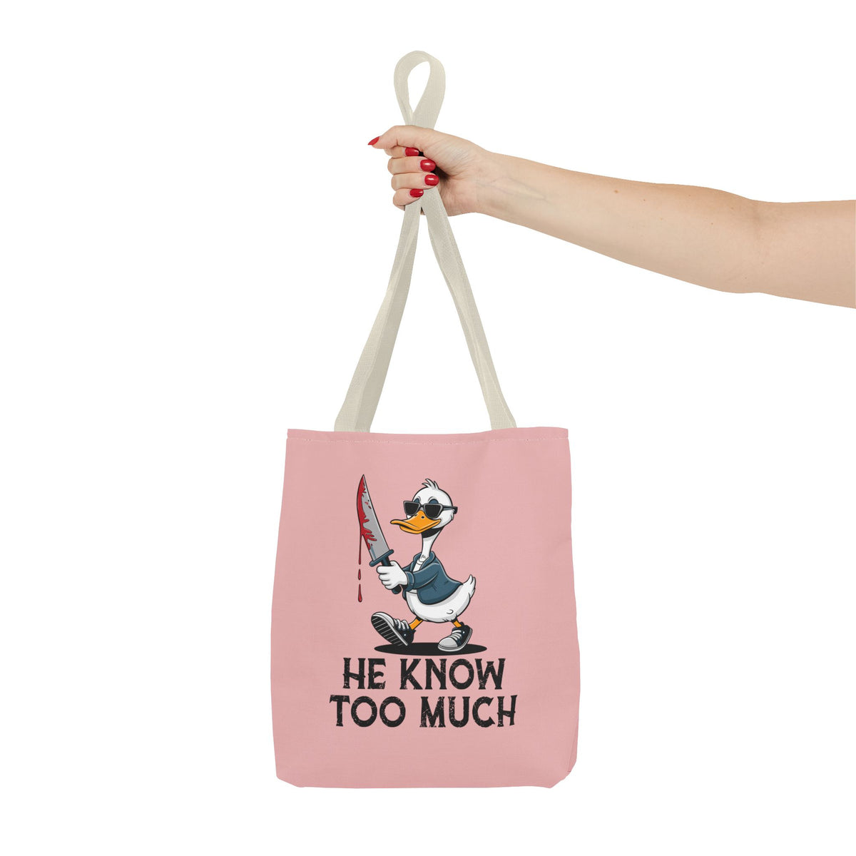 "He Know Too Much" Chaos Duck With Knife Funny Polyester Tote Bag