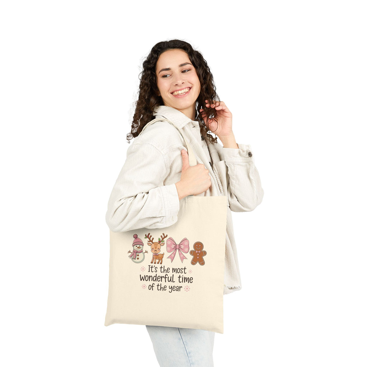 "It's The Most Wonderful Time Of The Year" Pink Holiday Icons Cotton Canvas Tote Bag