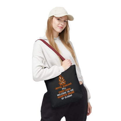 Halloween Haunted House Tote Bag — "Joyful Screams" Trick-or-Treat Reusable Shopper