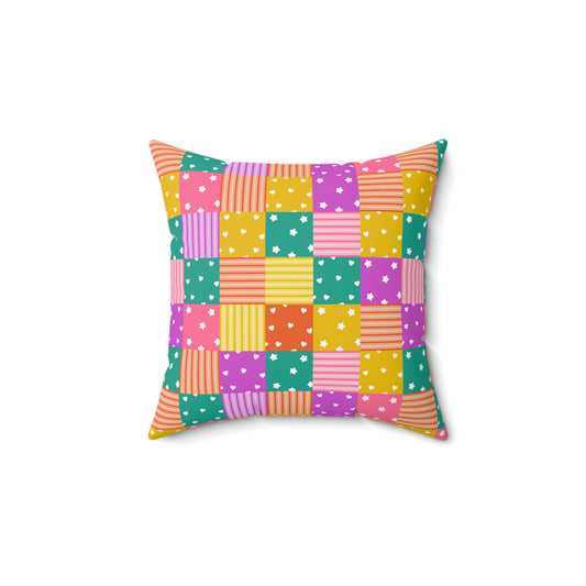 Colorful Polka Dot & Striped Patchwork Faux Suede Square Pillow | Whimsical Playroom Accent Cushion