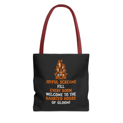 Halloween Haunted House Tote Bag — "Joyful Screams" Trick-or-Treat Reusable Shopper