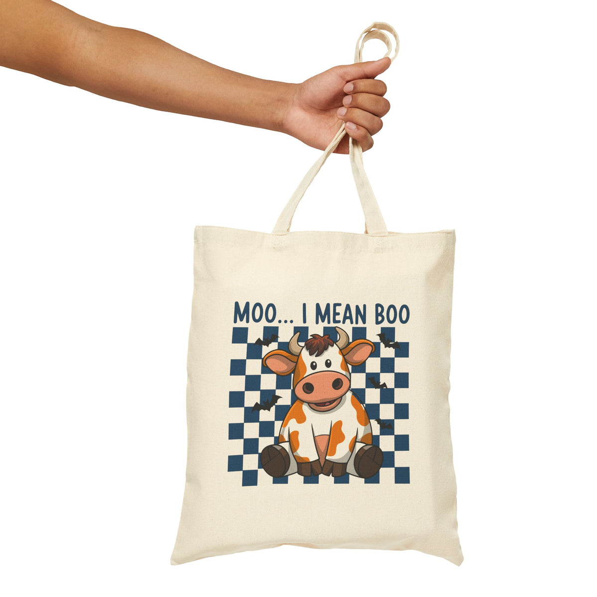 "Moo... I Mean Boo" Cute Halloween Cow Checkerboard Cotton Canvas Tote Bag
