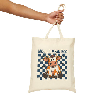 "Moo... I Mean Boo" Cute Halloween Cow Checkerboard Cotton Canvas Tote Bag