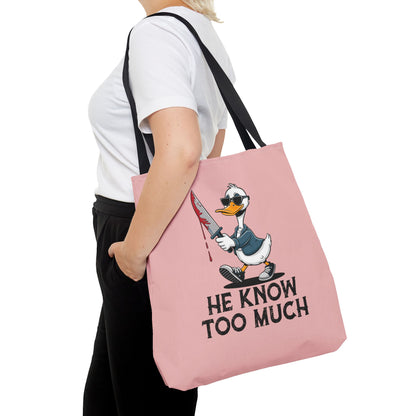"He Know Too Much" Chaos Duck With Knife Funny Polyester Tote Bag