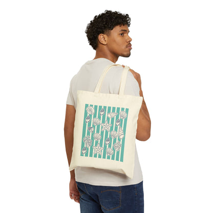 Coastal Seashells & Turquoise Stripes Cotton Canvas Tote Bag