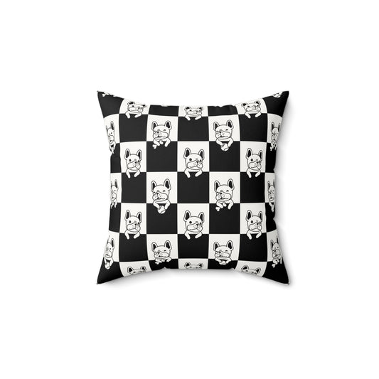 Peeking French Bulldogs Checkered Faux Suede Square Pillow | Dog Lover Accent Cushion