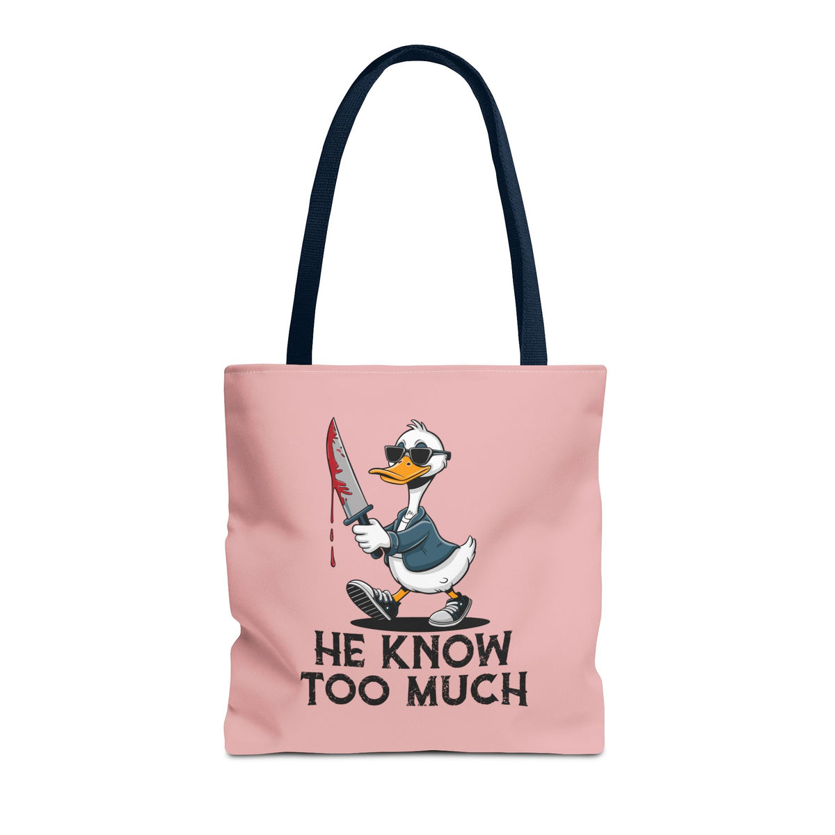 "He Know Too Much" Chaos Duck With Knife Funny Polyester Tote Bag