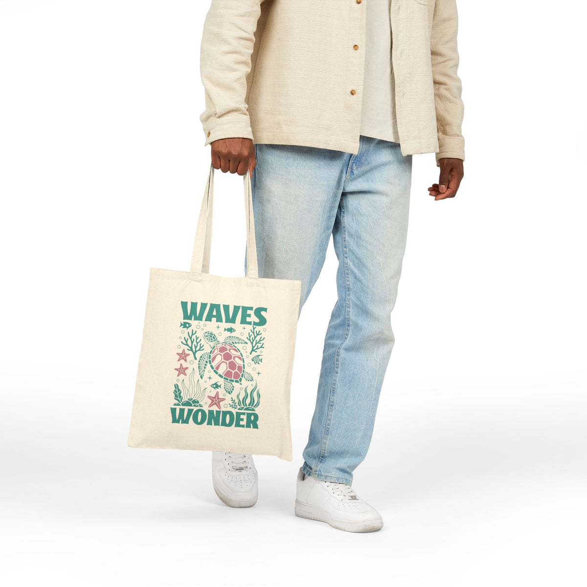 Waves & Wonder Sea Turtle Ocean Life Cotton Canvas Tote Bag