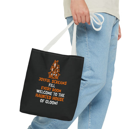 Halloween Haunted House Tote Bag — "Joyful Screams" Trick-or-Treat Reusable Shopper