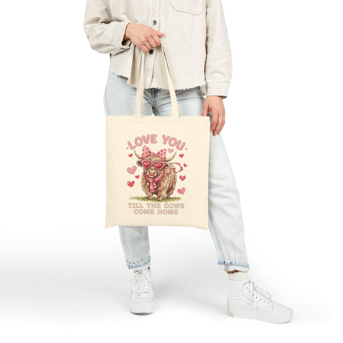 "Love You Till The Cows Come Home" Highland Cow Heart Sunglasses Cotton Canvas Tote Bag