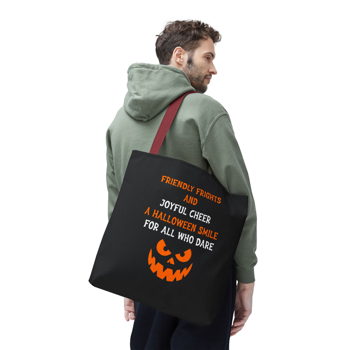 Halloween Jack-O'-Lantern Tote Bag — "Friendly Frights and Joyful Cheer" Trick-or-Treat Reusable Shopper
