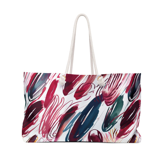 Burgundy & Teal Abstract Brushstrokes Weekender Bag | Oversized Travel & Beach Tote