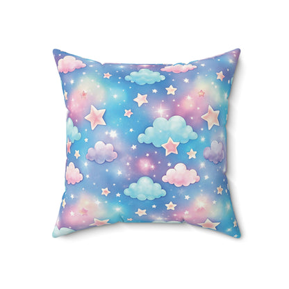 Pastel Dreamscape Clouds & Stars Faux Suede Square Pillow | Whimsical Nursery Accent Cushion