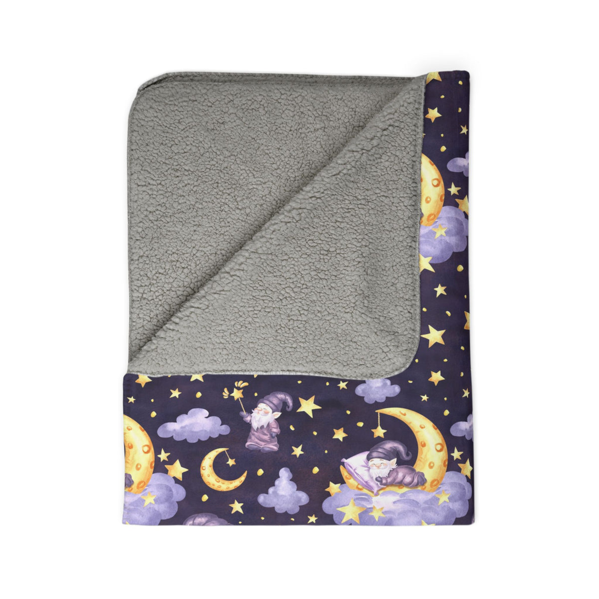 Sleepy Gnomes & Celestial Moon Sherpa Fleece Blanket | Whimsical Nighttime Cozy Throw