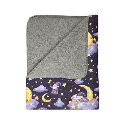 Sleepy Gnomes & Celestial Moon Sherpa Fleece Blanket | Whimsical Nighttime Cozy Throw
