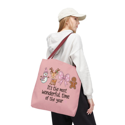 "It's The Most Wonderful Time Of The Year" Pink Holiday Icons Polyester Tote Bag