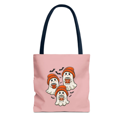 "Spooky Coffee Squad" Cute Ghosts With Beanies Polyester Tote Bag