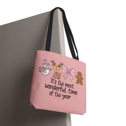 "It's The Most Wonderful Time Of The Year" Pink Holiday Icons Polyester Tote Bag