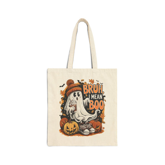 "Bruh, I Mean Boo" Cute Ghost Fall Aesthetic Cotton Canvas Tote Bag