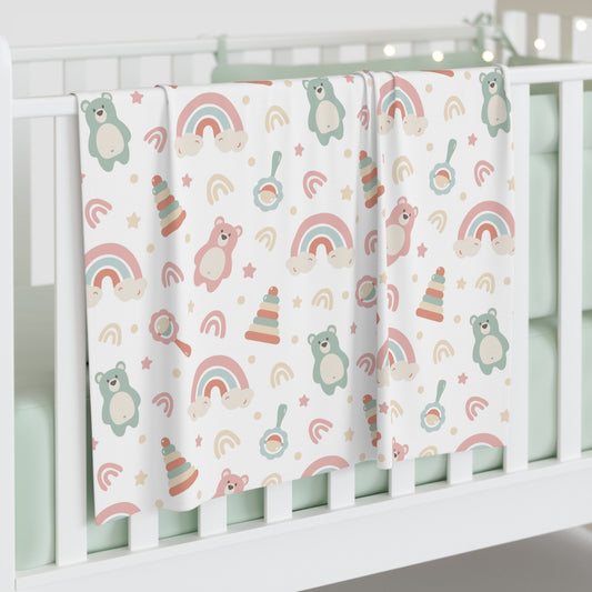 Cute Pastel Bear & Rainbow Baby Swaddle Blanket — Soft Newborn Wrap