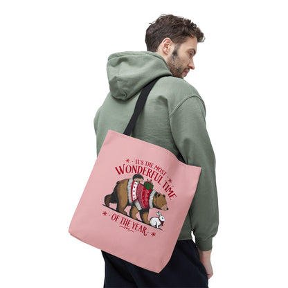 "It's The Most Wonderful Time Of The Year" Woodland Animals Holiday Sweater Polyester Tote Bag