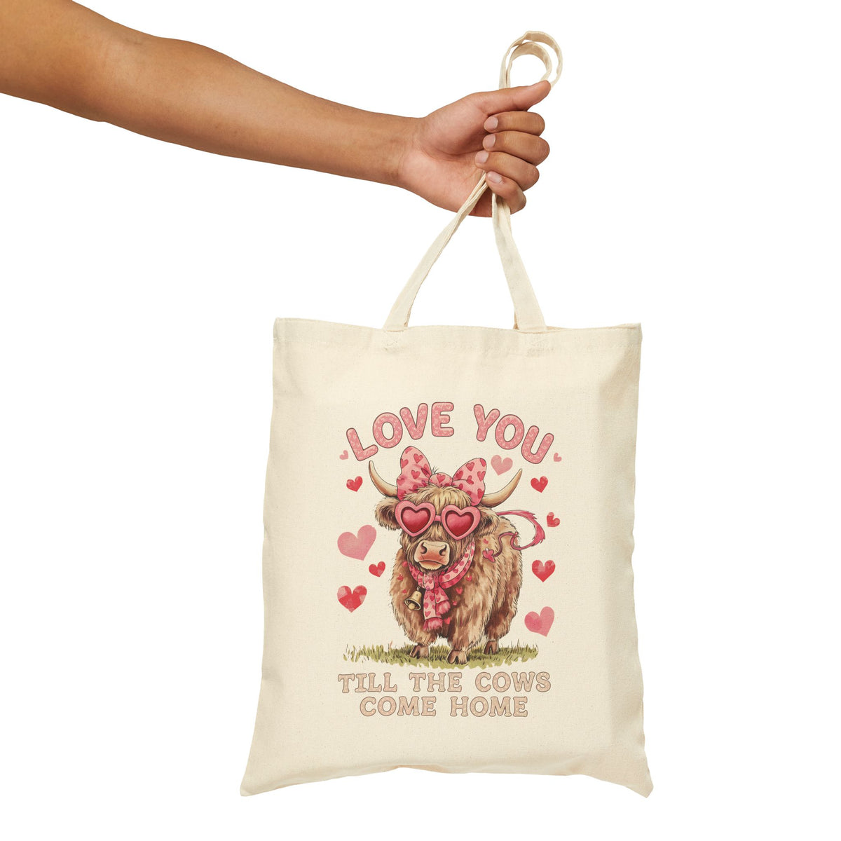 "Love You Till The Cows Come Home" Highland Cow Heart Sunglasses Cotton Canvas Tote Bag