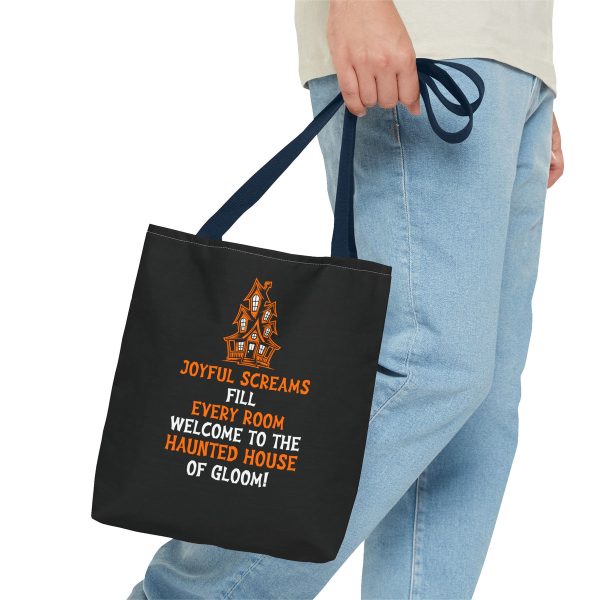 Halloween Haunted House Tote Bag — "Joyful Screams" Trick-or-Treat Reusable Shopper