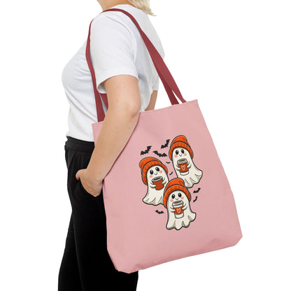 "Spooky Coffee Squad" Cute Ghosts With Beanies Polyester Tote Bag