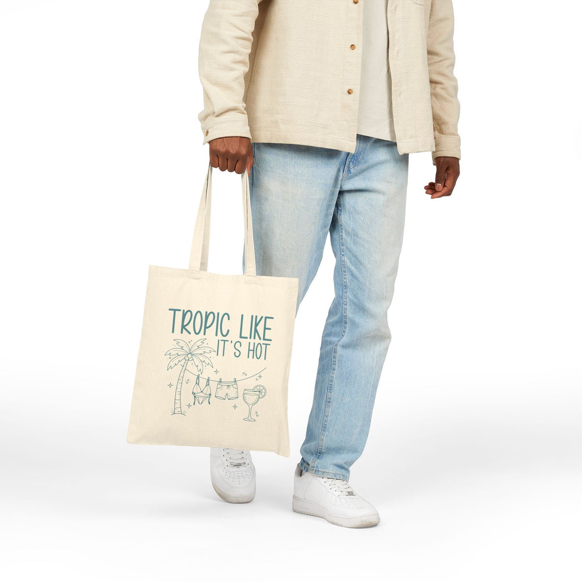 "Tropic Like It's Hot" Palm Tree & Cocktail Canvas Tote Bag