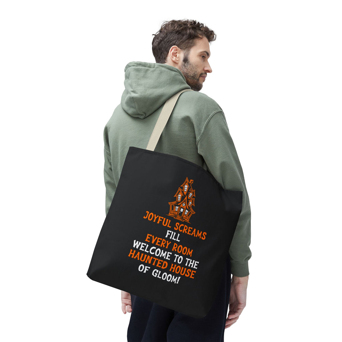 Halloween Haunted House Tote Bag — "Joyful Screams" Trick-or-Treat Reusable Shopper