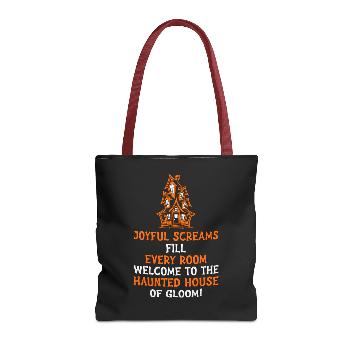 Halloween Haunted House Tote Bag — "Joyful Screams" Trick-or-Treat Reusable Shopper