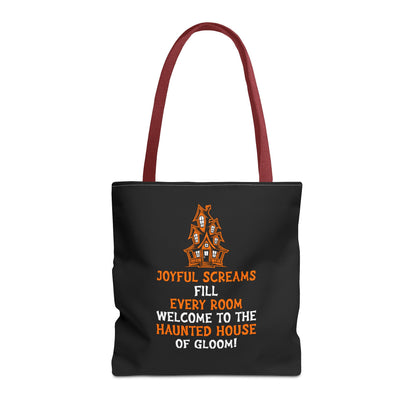 Halloween Haunted House Tote Bag — "Joyful Screams" Trick-or-Treat Reusable Shopper