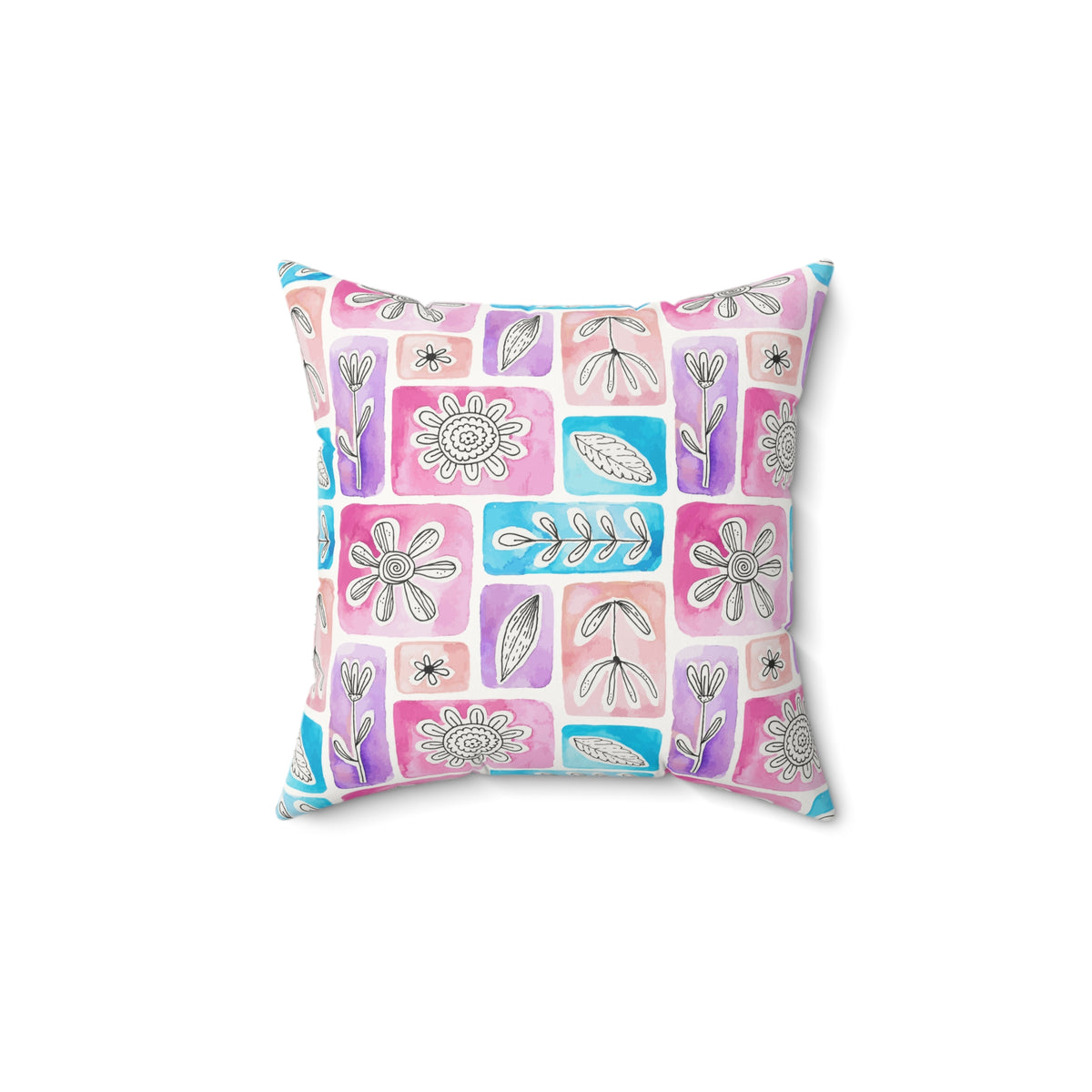 Watercolor Botanical Blocks Faux Suede Square Pillow | Minimalist Floral Accent Cushion