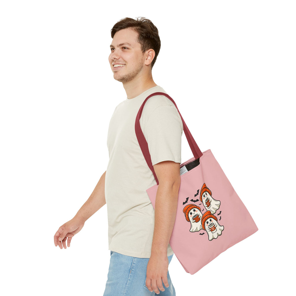 "Spooky Coffee Squad" Cute Ghosts With Beanies Polyester Tote Bag