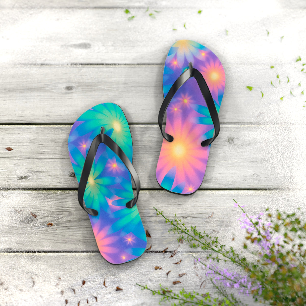 Neon Glow Floral Cosmic Dream Flip Flops — Electric Botanical Summer Sandals
