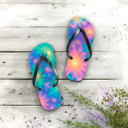 Neon Glow Floral Cosmic Dream Flip Flops — Electric Botanical Summer Sandals