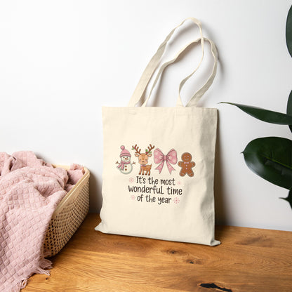 "It's The Most Wonderful Time Of The Year" Pink Holiday Icons Cotton Canvas Tote Bag